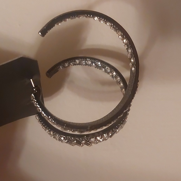 Gunmetal Toned And Clear Rhinestone Pierced Fashion Hoop Earrings - Picture 17 of 17